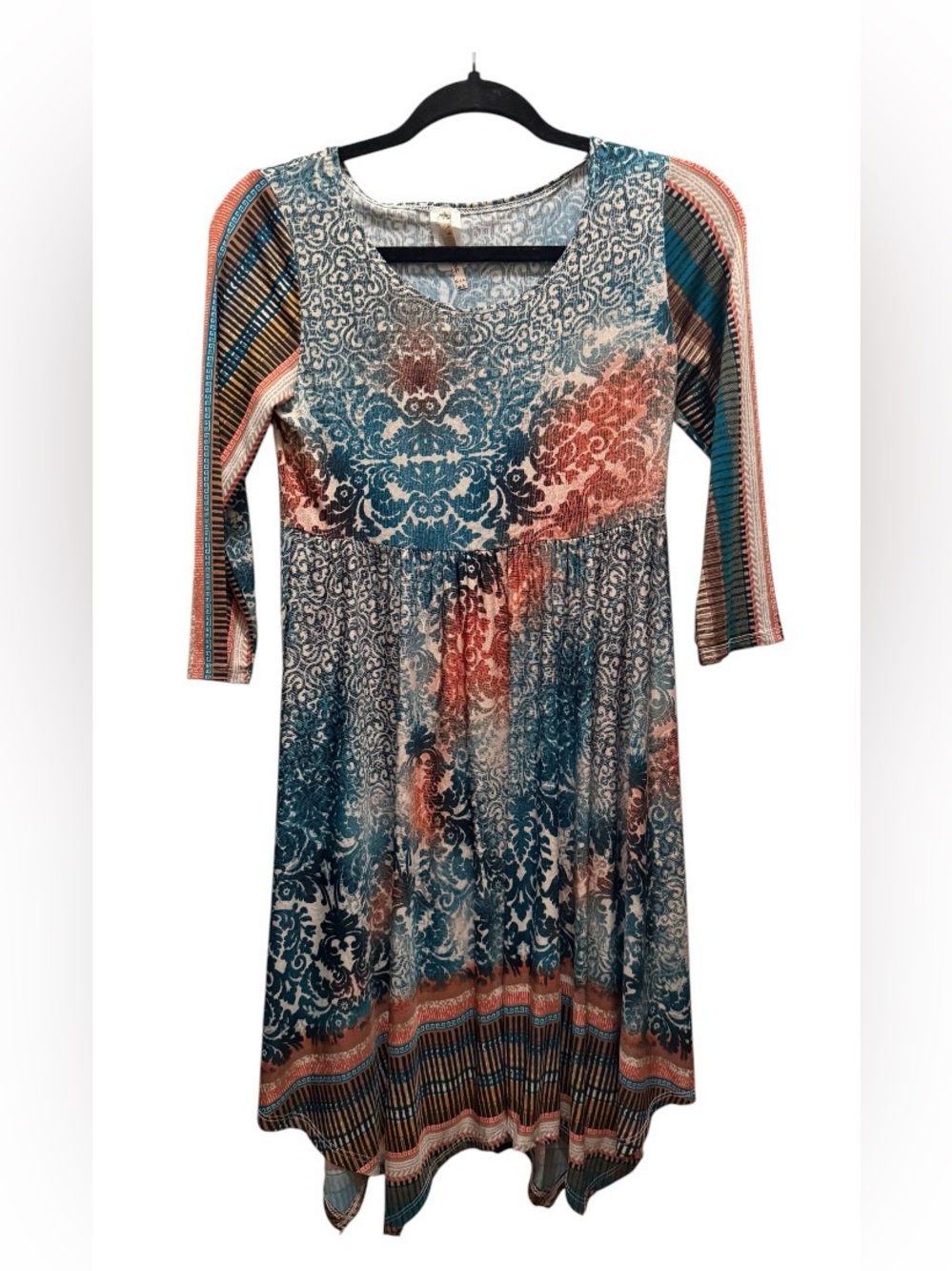 Moa Women's Teal and Rust Patterned Scoop-Neck Dress Top